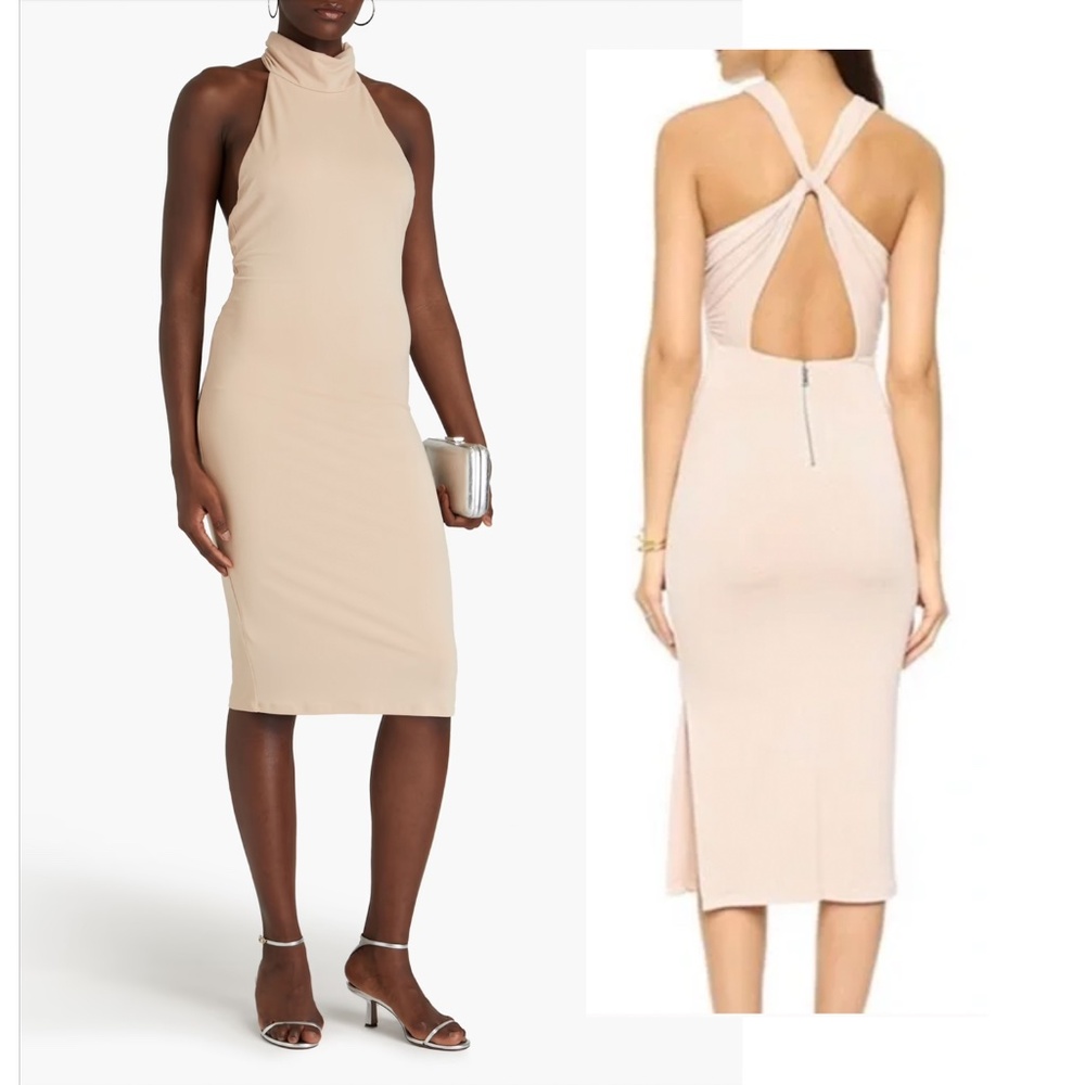 Alice + Olivia Lumi Fitted Midi Crossback Halter Dress Pale Nude Beige